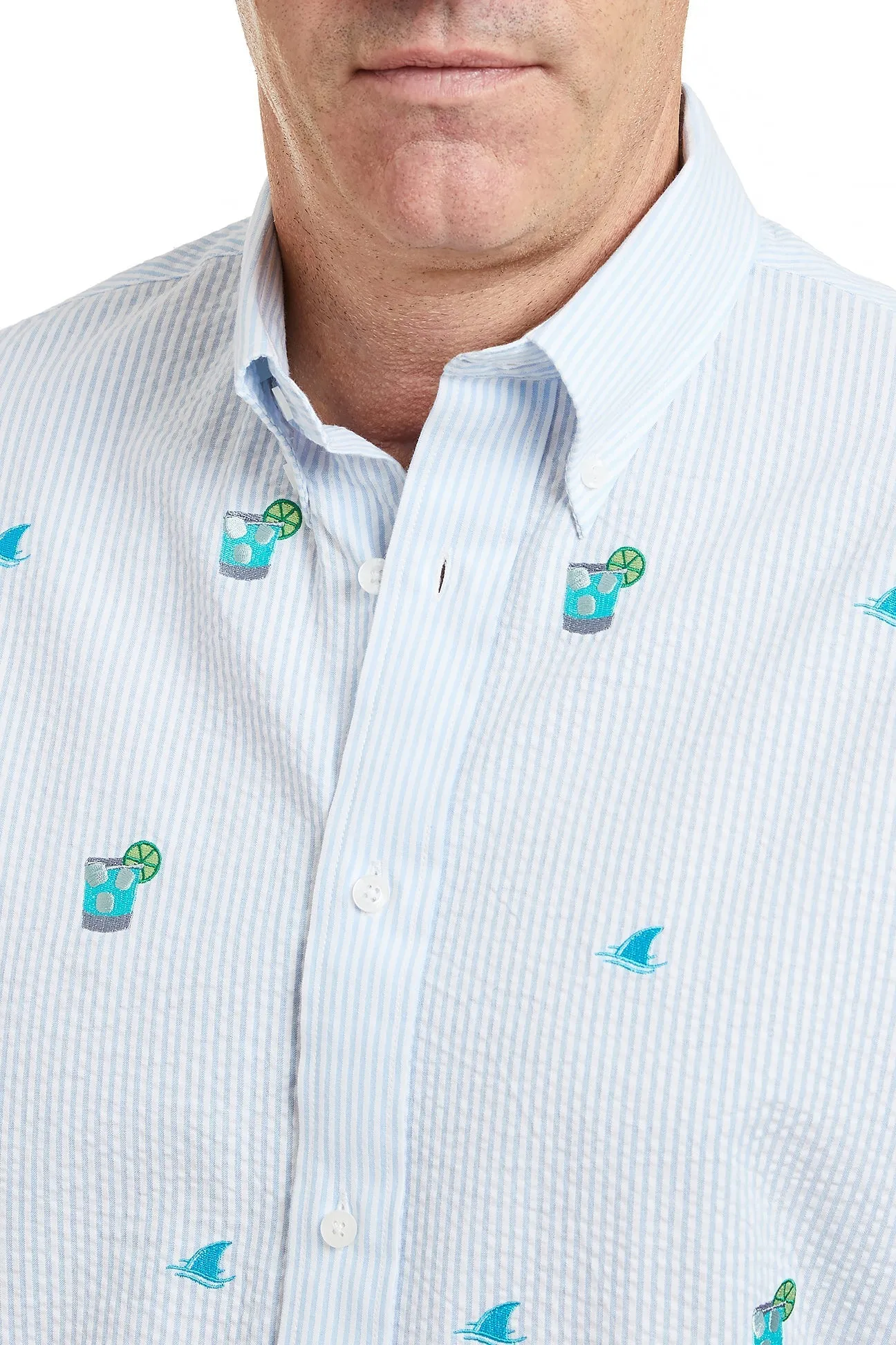 Roll Up Sleeve Design PreWashed Chase Shirt Blue Seersucker with Fin & Tonic