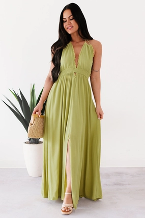 Mesh Soft Chasing Glances Halter Maxi Dress (Matcha)