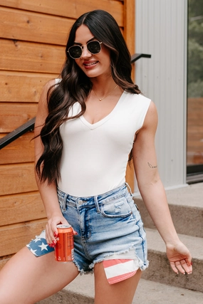 Chasing Stillness V Neck Cap Sleeve Bodysuit (Ivory) Cycling Trip High Waist