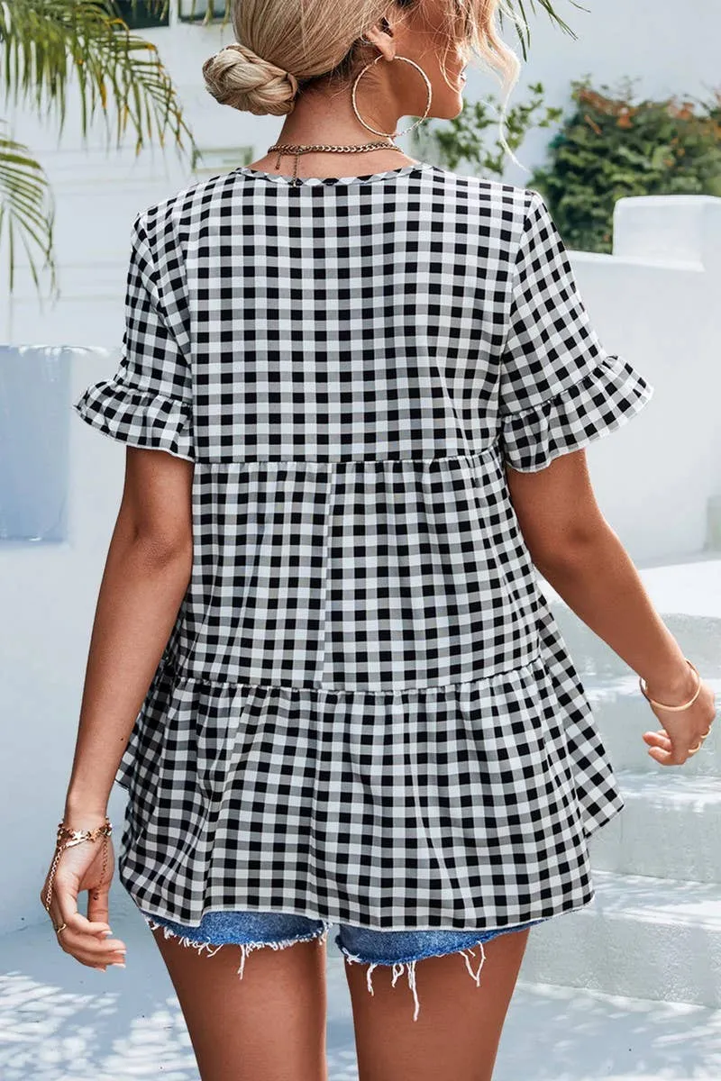 CHECKERED V NECK SHORT SLEEVED SHIRT_CWTSTS0201 Flatlock Stitching Technique