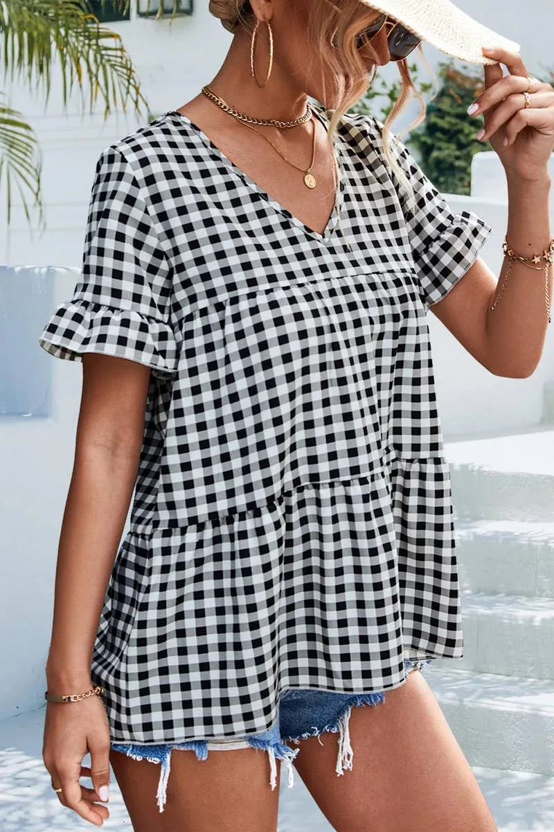 UltraFineMesh CHECKERED V NECK SHORT SLEEVED SHIRT_CWTSTS0201