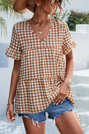 CHECKERED V NECK SHORT SLEEVED SHIRT_CWTSTS0201 RecycledBlend WaffleWeave