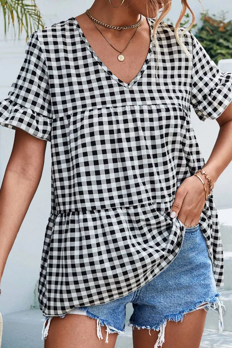 Stretch Blouse CHECKERED V NECK SHORT SLEEVED SHIRT_CWTSTS0201