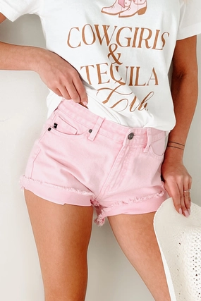 Cheyenne High Rise Frayed Kancan Denim Shorts (Pink) Smart Design Slim Profile