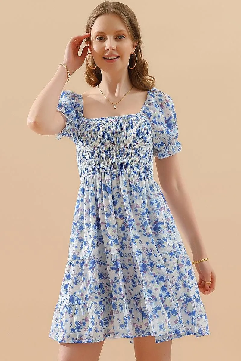 PATTERNED SQUARE NECK PUFF SLEEVE SHORT CAKE DRESS Gathered Skirt