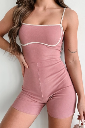 Knot-Detail Chic Alternative Ribbed Contrast Seam Romper (Mauve/Cream)