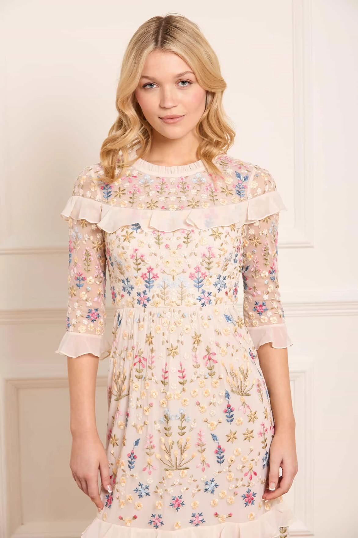 Subtle Texture Flowerbed Embroidery Ankle Gown
