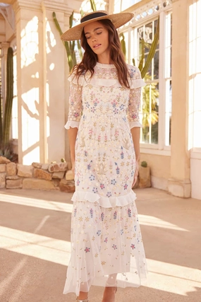 Flowerbed Embroidery Ankle Gown breathable fabric dress Effortless Look