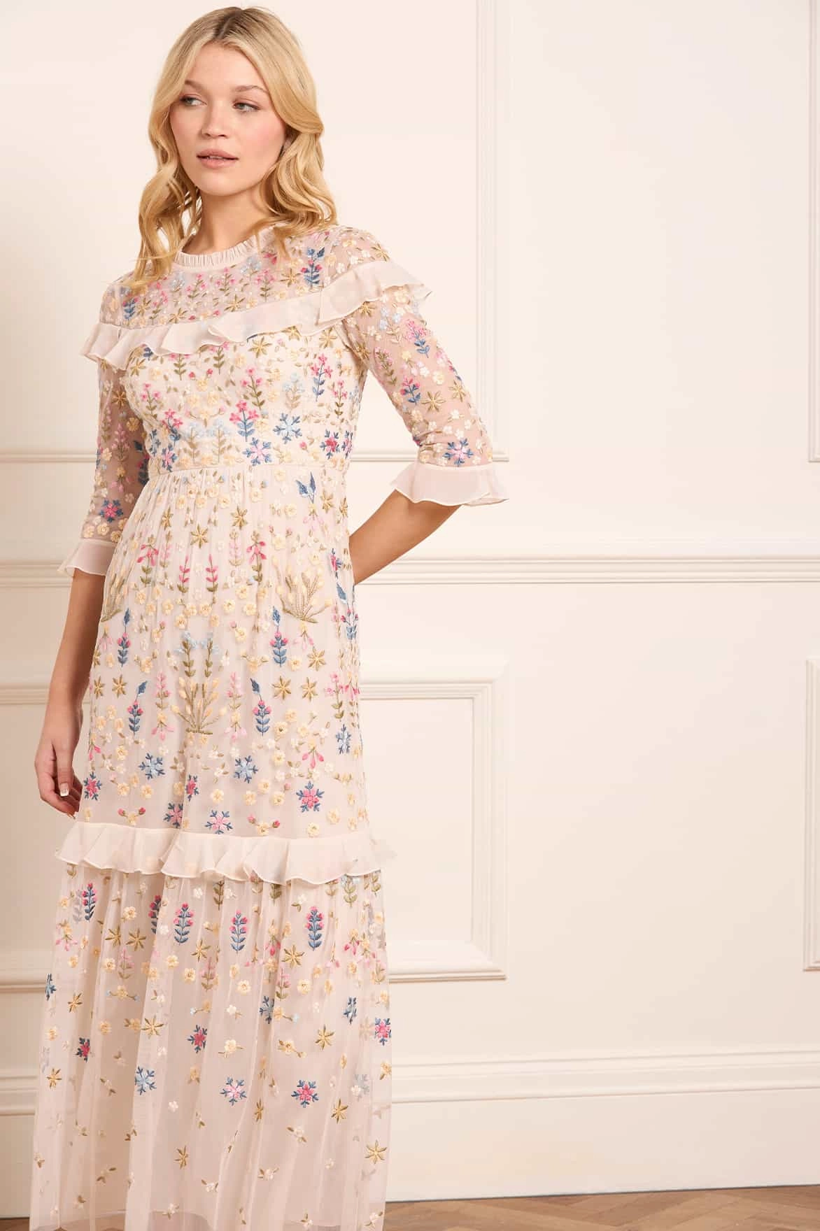 Flowerbed Embroidery Ankle Gown Resort Outfit Soft Motion