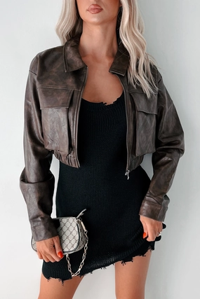 Neutral Look Minimal Travel Look Trust Nobody Faux Leather Crop Jacket (Espresso)