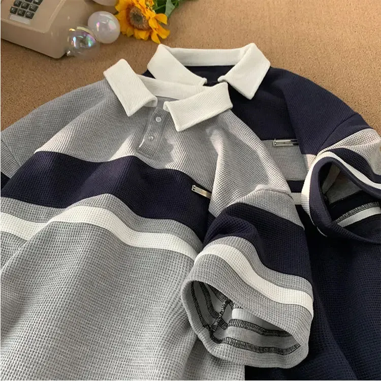 Chicmy-Graduation gift, Coachella Valley Music Festival Look,Short Sleeve Turn Down Collar Striped Shirt