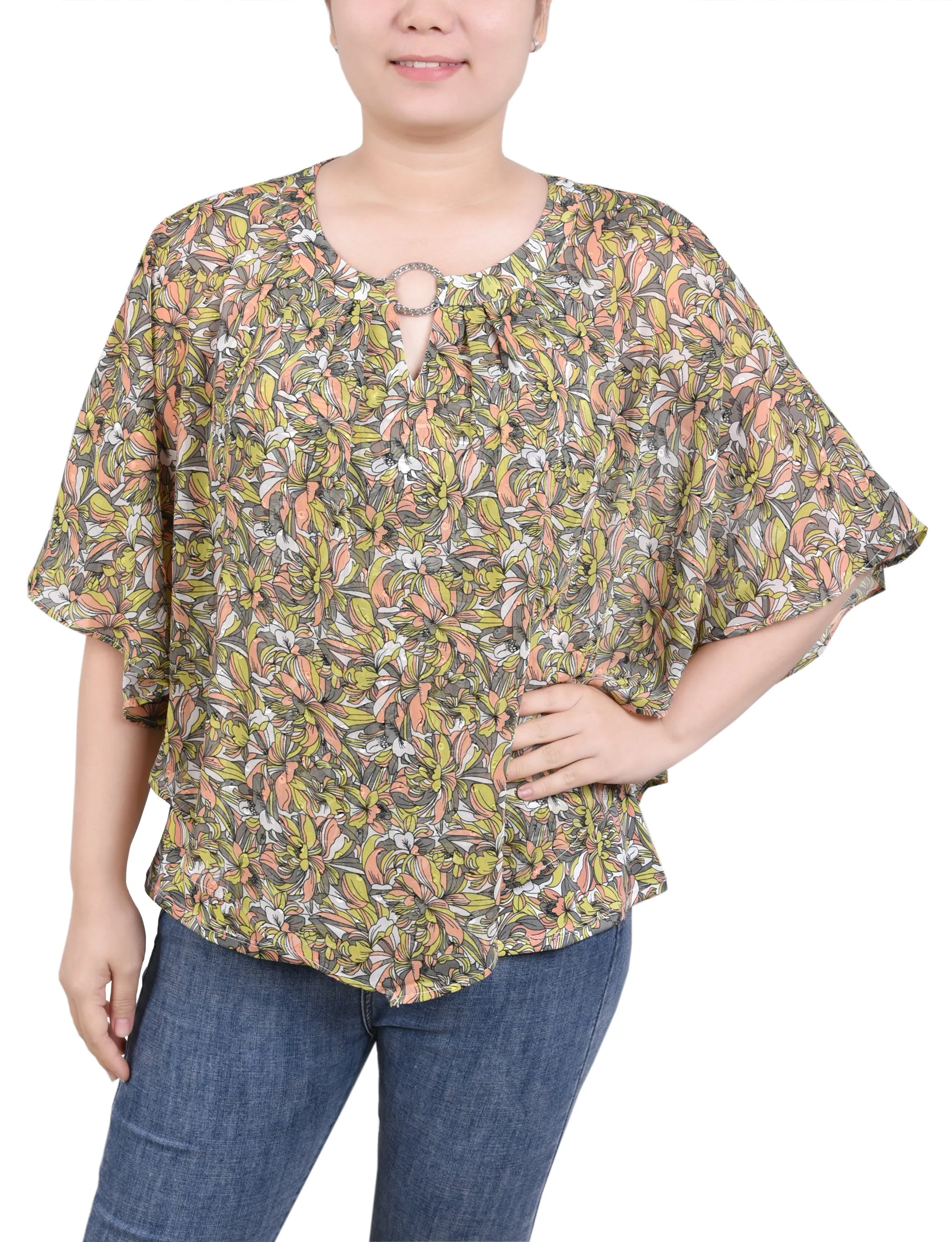 Summer Sweater Chiffon Poncho Top With Ring