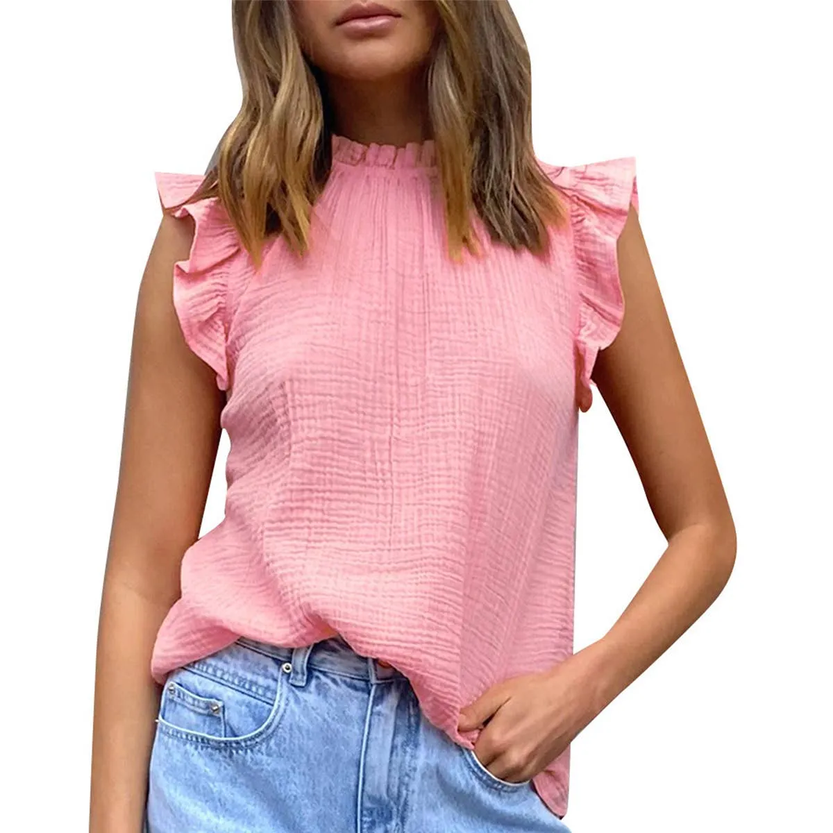 CHIFFON SOLID COLOR PATCHWORK SLEEVELESS BLOUSE_CWTBLSL0361 Reflective Safety Trim