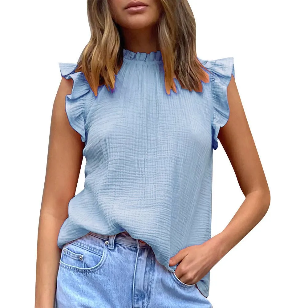 AntiStaticInnerLining CHIFFON SOLID COLOR PATCHWORK SLEEVELESS BLOUSE_CWTBLSL0361