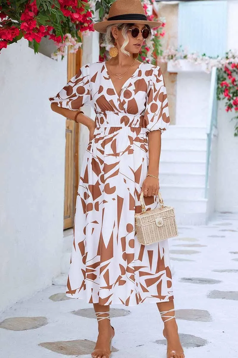 SHAPE PATTERN V NECK TIGHTEN WAIST PUFF DRESS Stylish Waist Fit