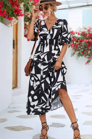 Cozy Energy SHAPE PATTERN V NECK TIGHTEN WAIST PUFF DRESS
