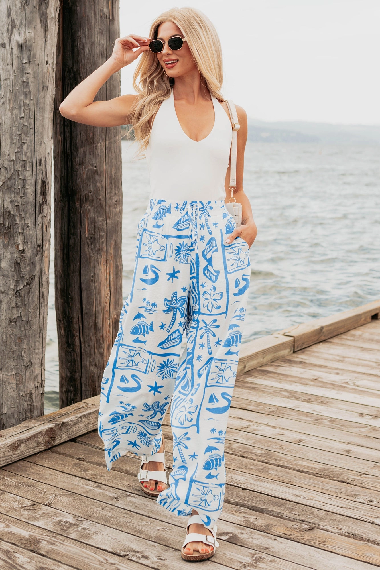 Sport Layer Saltwater Serenade Tropical Pattern Wide Leg Pants (Blue)