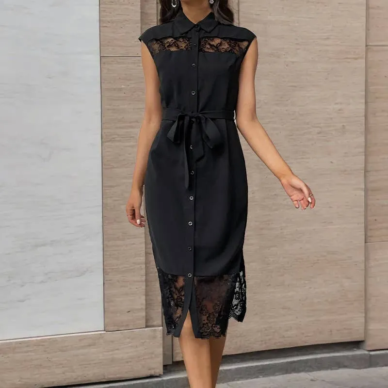 CHINESE LAPEL LACE PATCHWORK DRESS_CWDSD3973 Textured Layers