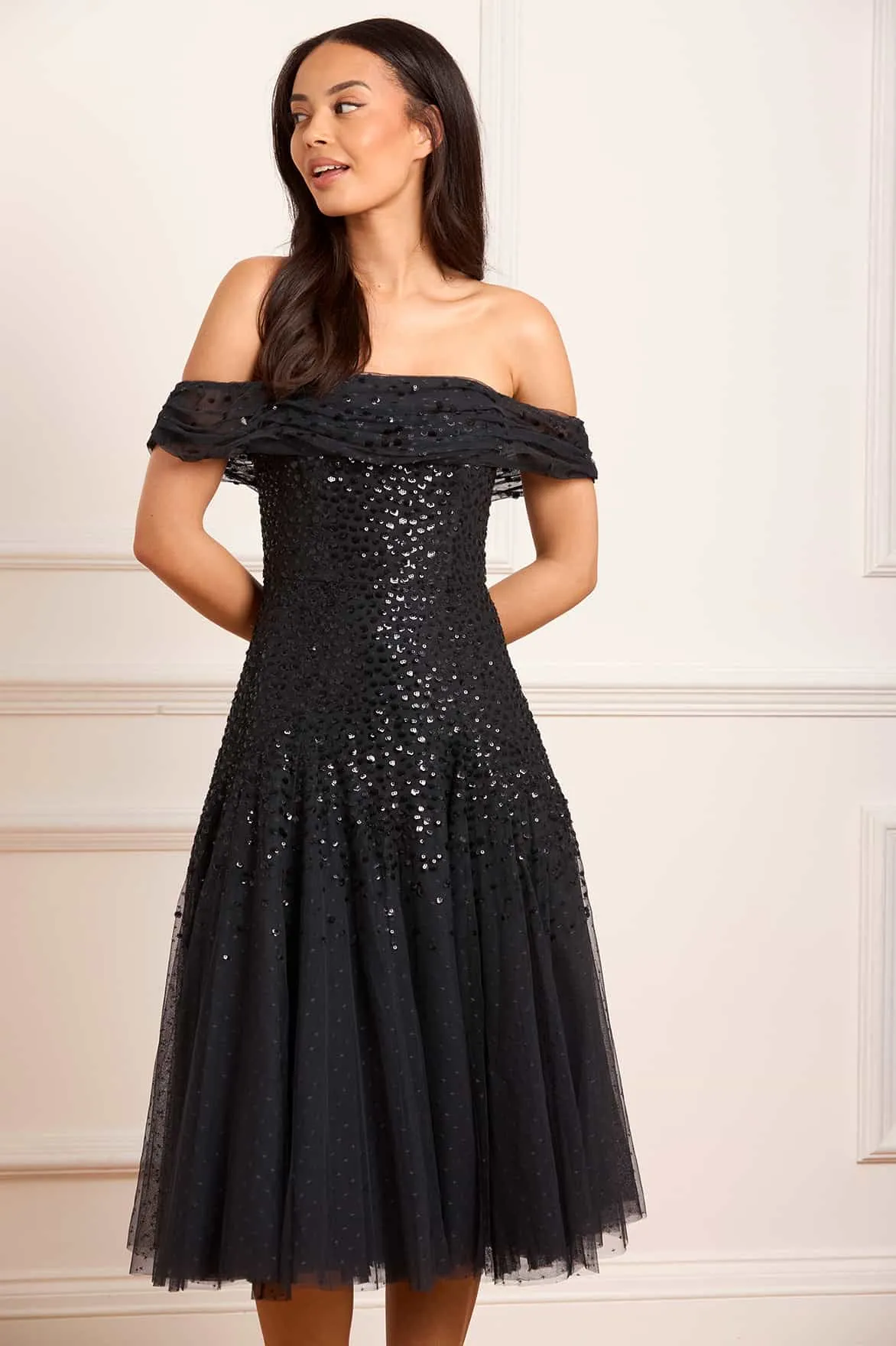 Fresh Outfit Charming Fit Dappled Sequin Draped Off-Shoulder Midaxi Dress