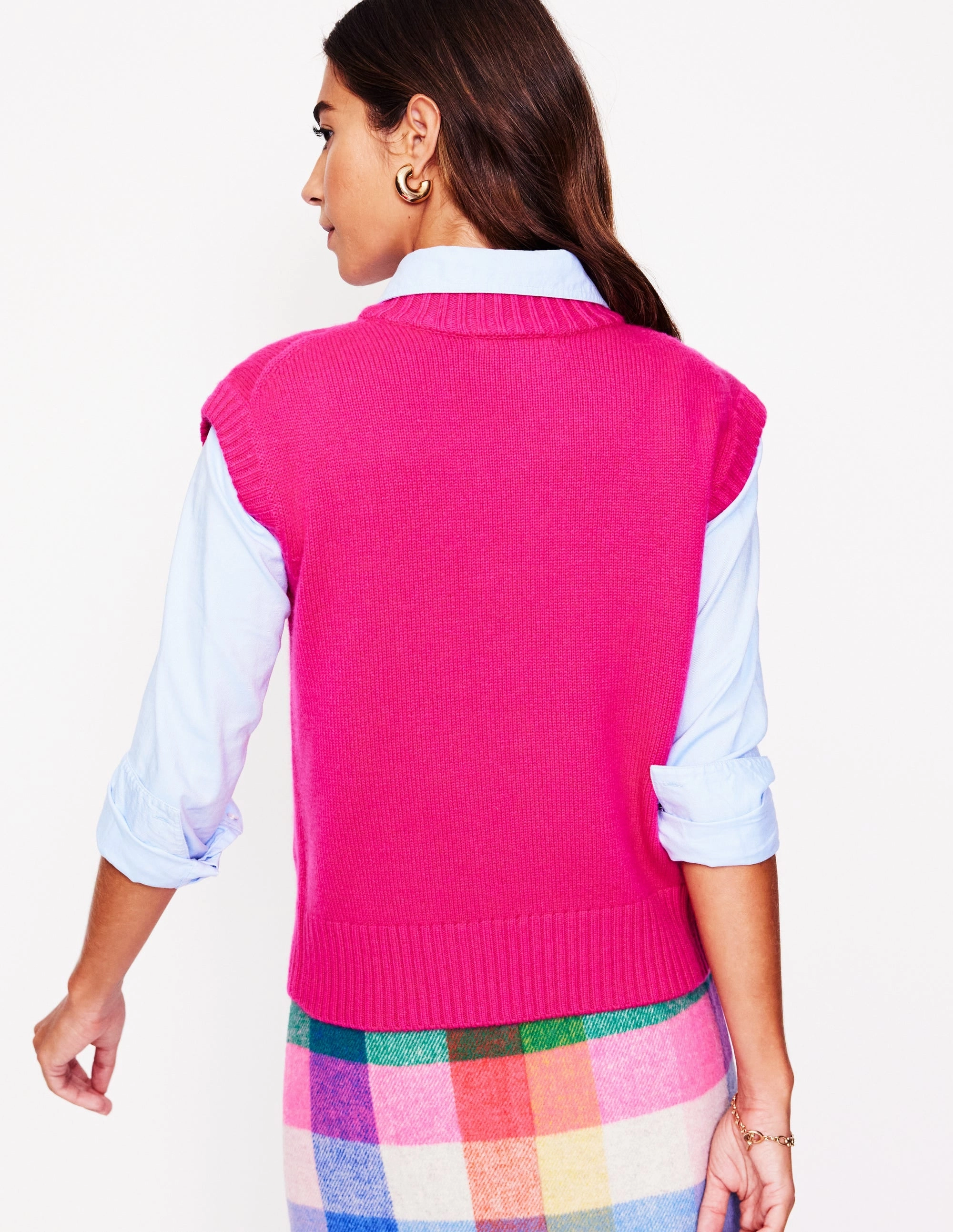Ventilated Armhole Design EcoCertified Wool Blend Chunky Cashmere Crew Neck Tank-Bright Pink