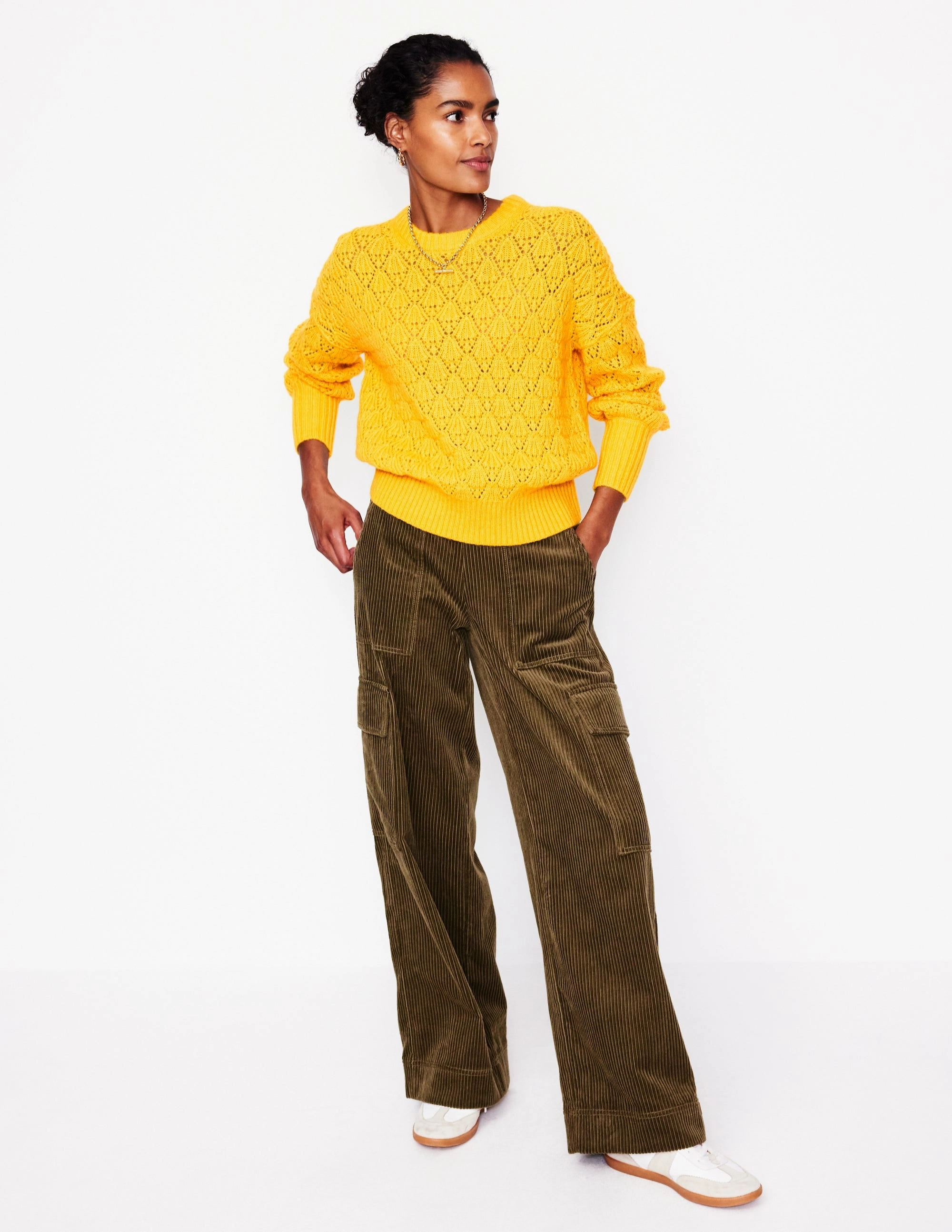 Chunky Pointelle Jumper-Pineapple Yellow StretchWeave Fabric