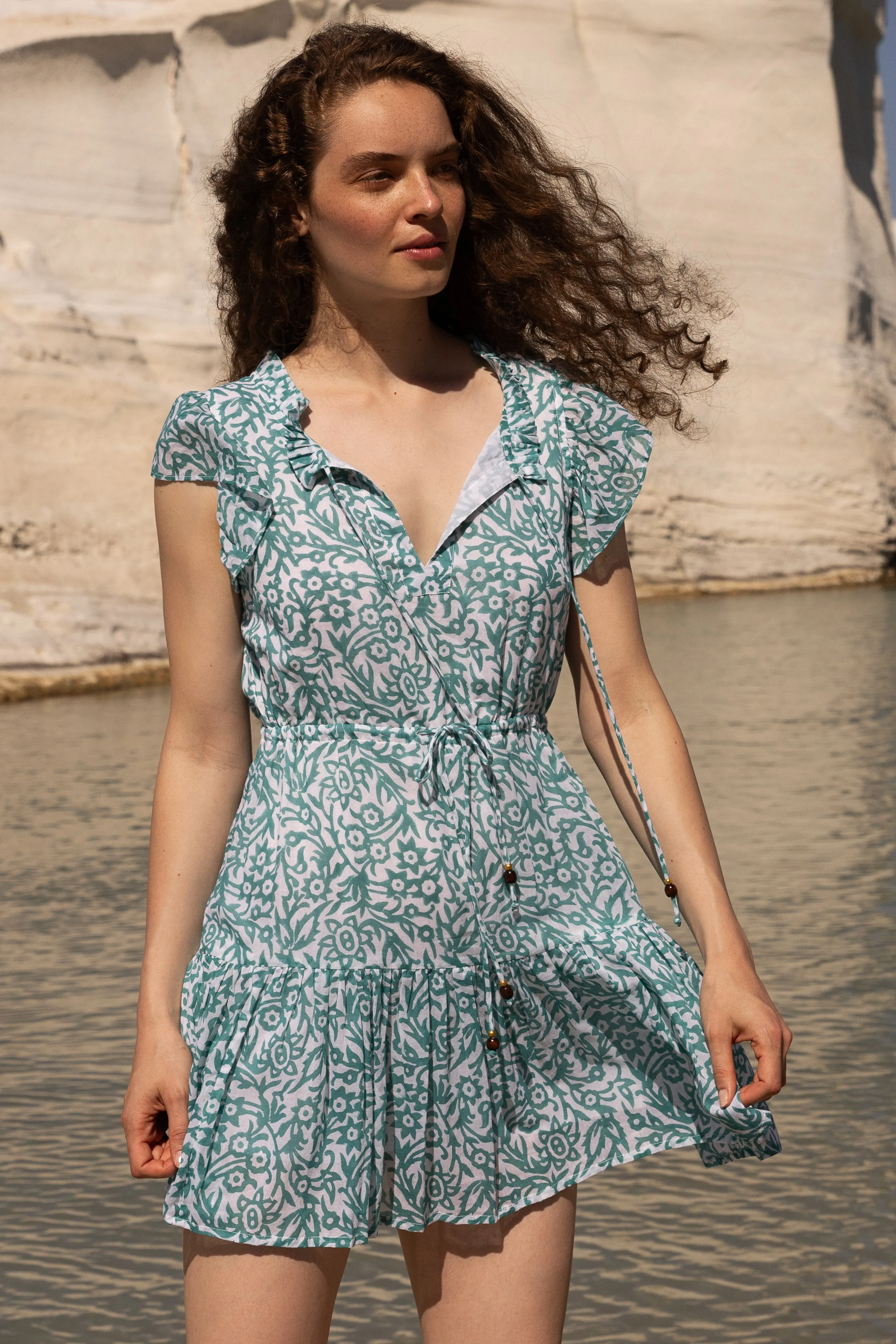 Cinched Flirty Short Cypress Jade Curve-Enhancing