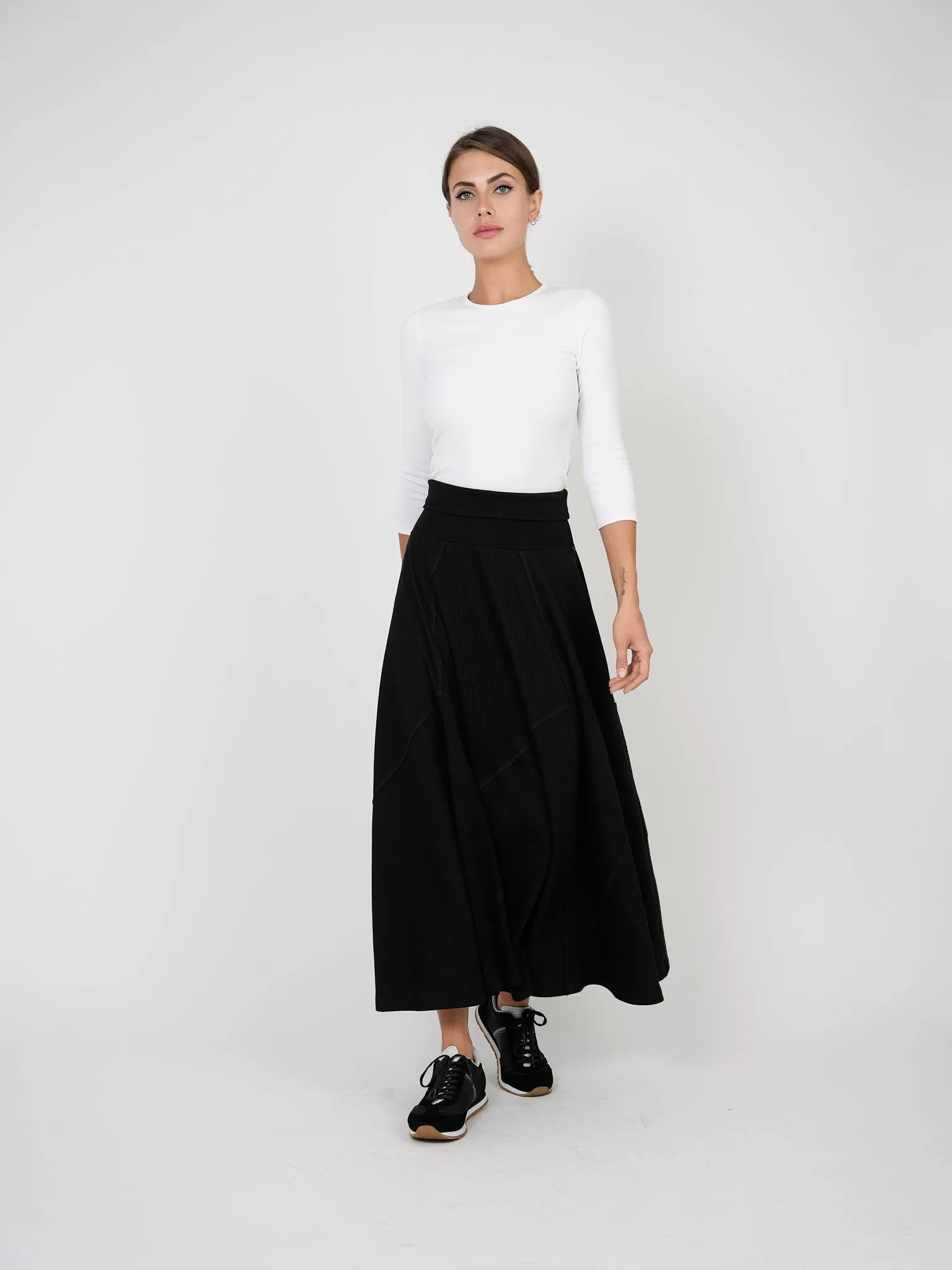 Dot Blk Maxi Ribbed Circle Skirt with stitching SB2CM7770SL Summer Picnic