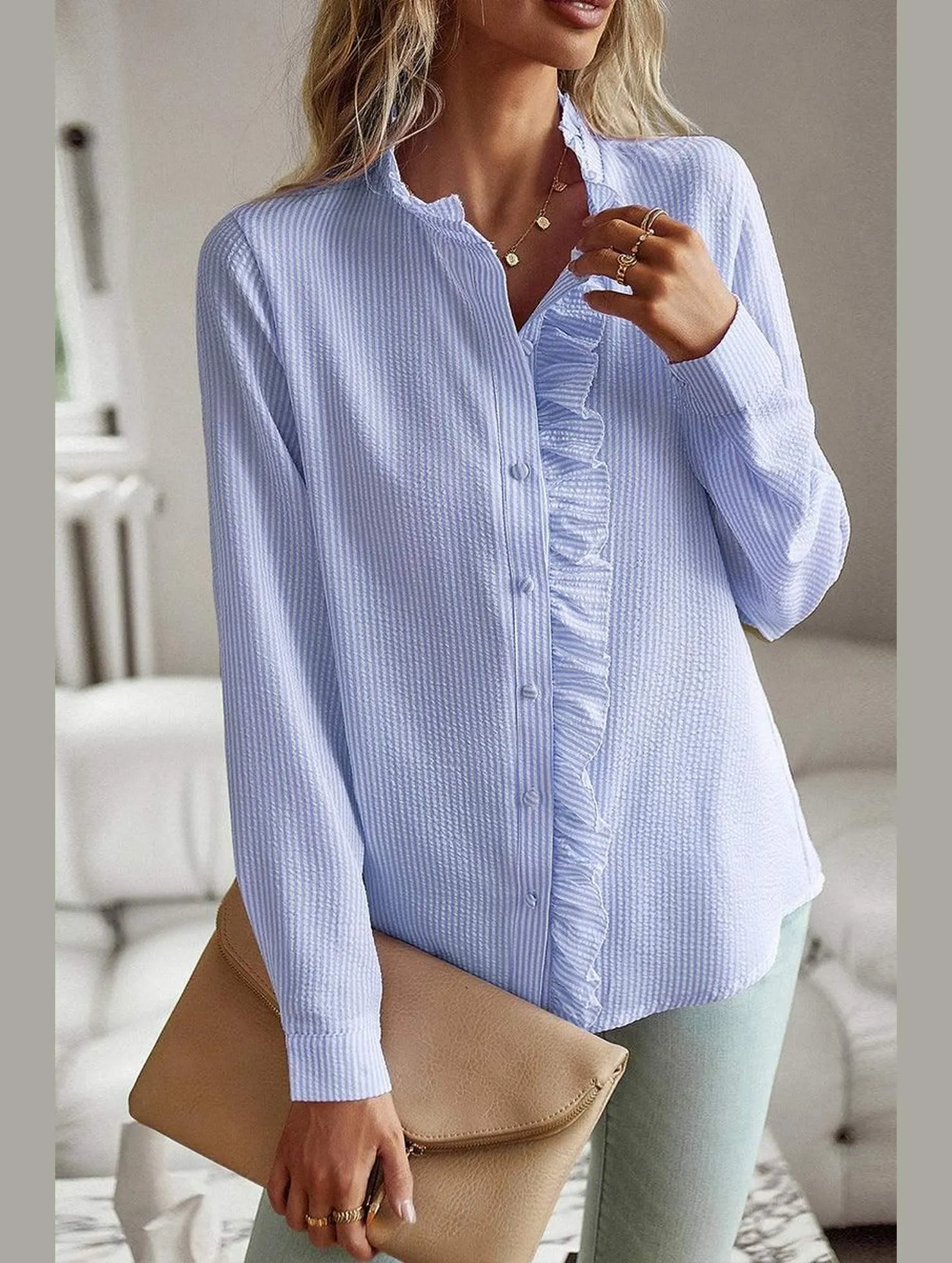 Ribbed collar BUTTON UP LACE STRIPE SHIRT