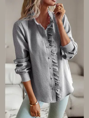 BUTTON UP LACE STRIPE SHIRT V Neck Design