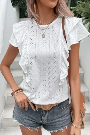 PolishedFinish Odor Resistant RUFFLED SLEEVE PUNCHING LACE CREW NECK TEE