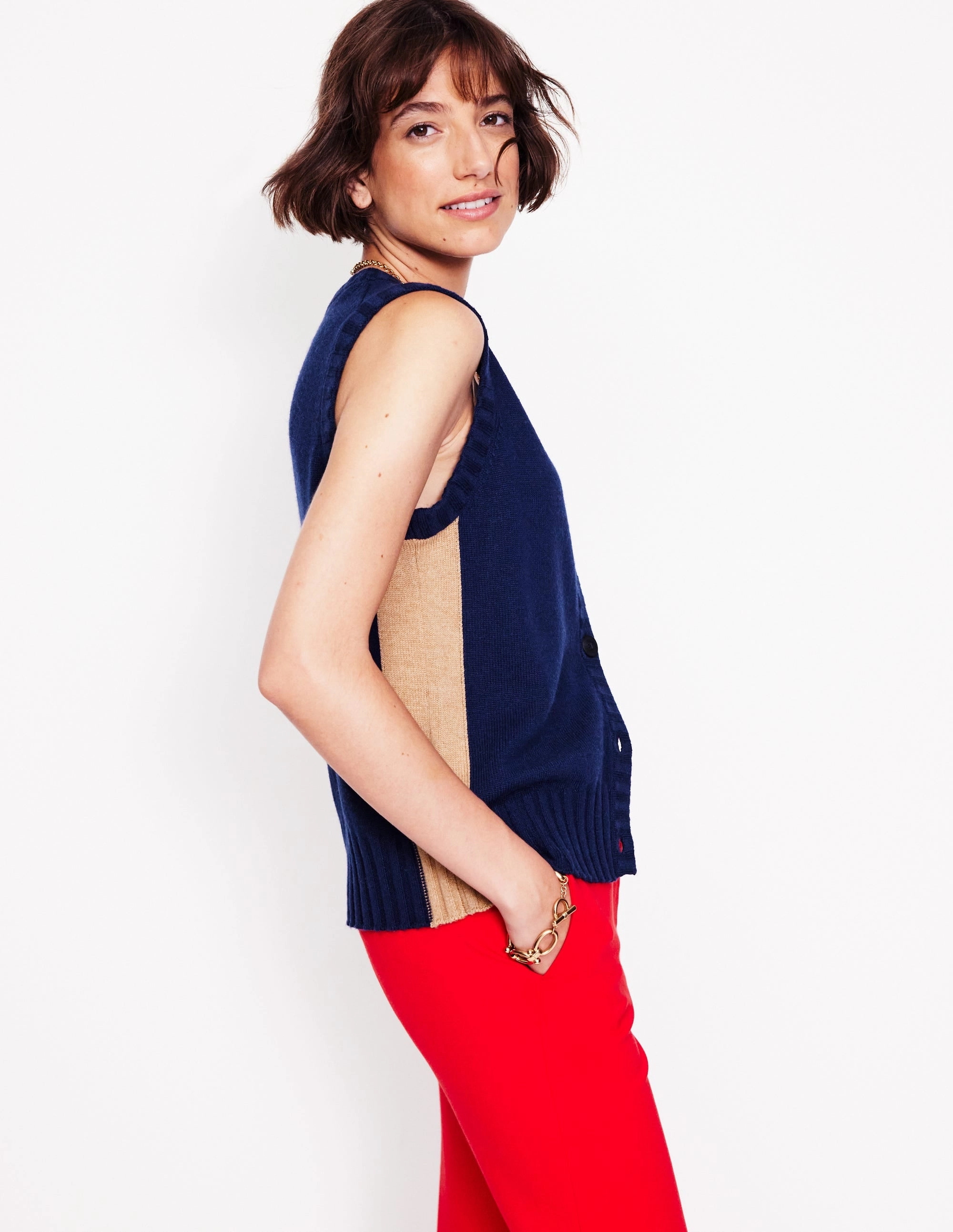 Zia Knitted Waistcoat-Navy Multi Look Dimensional Stability