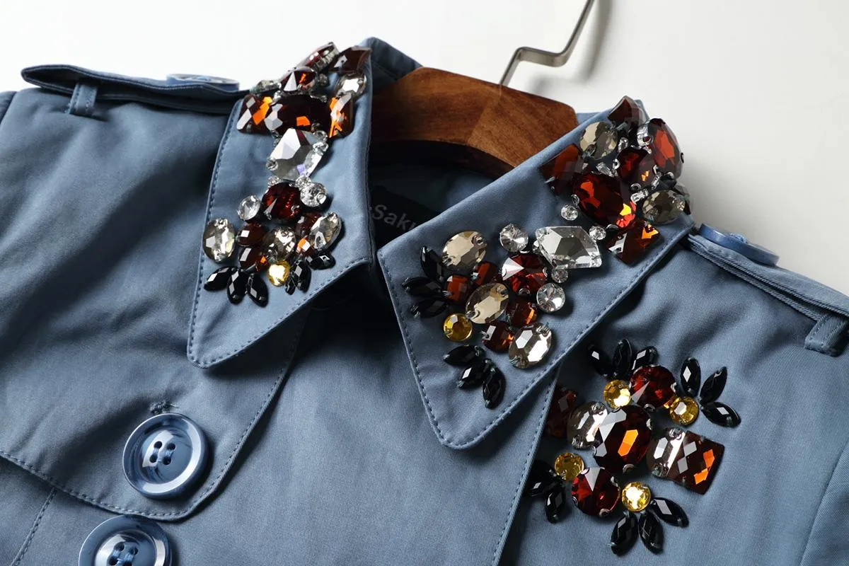 Classic autumn winter luxury limited edition handmade beaded long trench coat - Siaha Blue