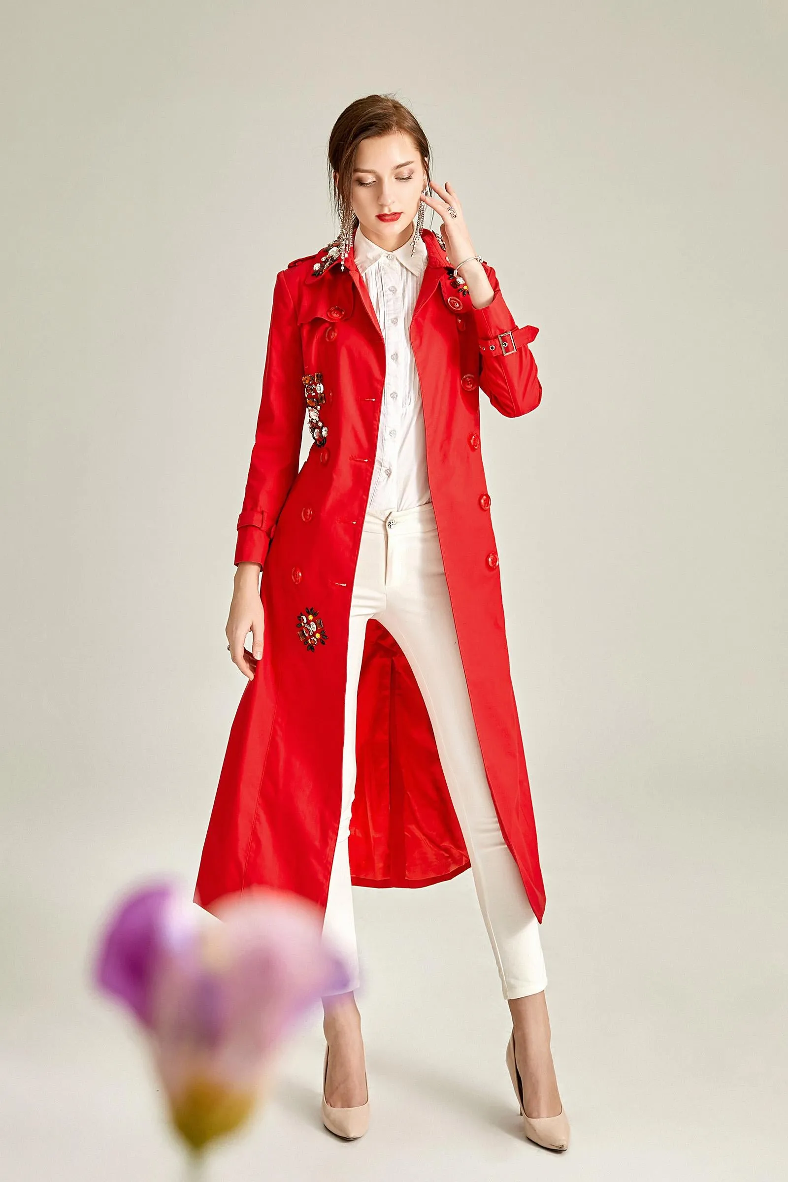 Classic autumn winter luxury limited edition handmade beaded long trench coat  - Siaha Red