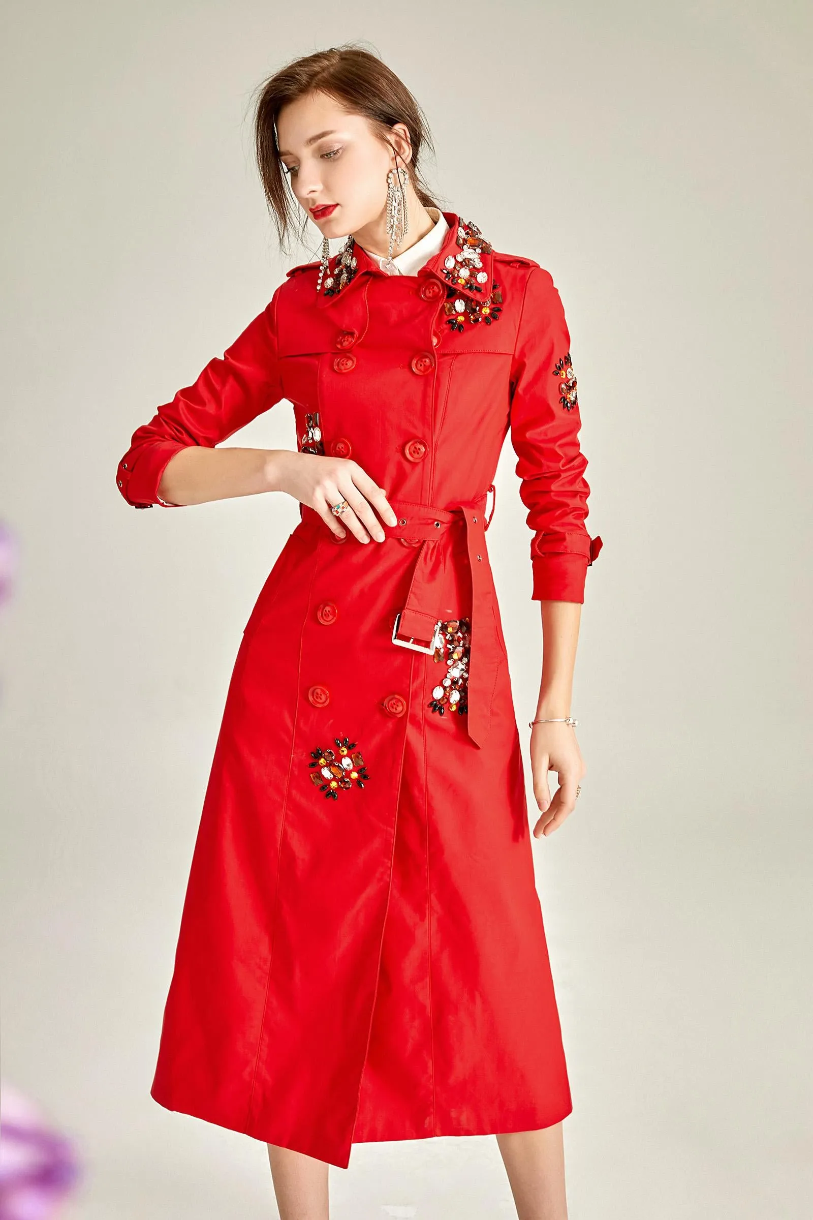 Classic autumn winter luxury limited edition handmade beaded long trench coat  - Siaha Red