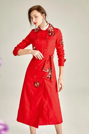 Classic autumn winter luxury limited edition handmade beaded long trench coat  - Siaha Red