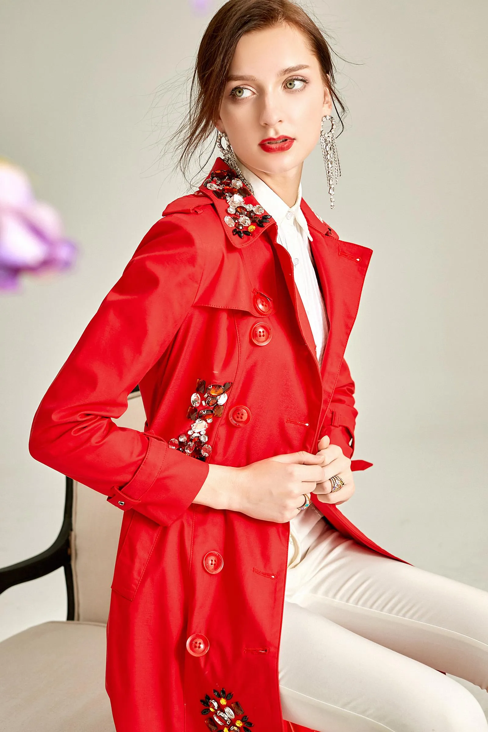 Classic autumn winter luxury limited edition handmade beaded long trench coat  - Siaha Red