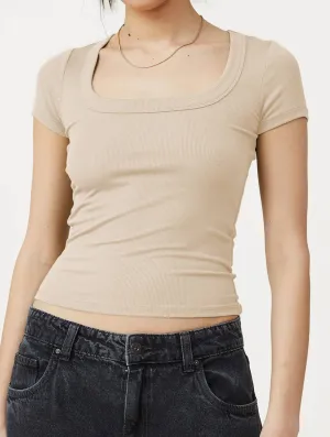 Durable Color Retention CLASSIC SQUARE NECK SHORT SLEEVE T SHIRT KNIT TOP_CWTSTS0349