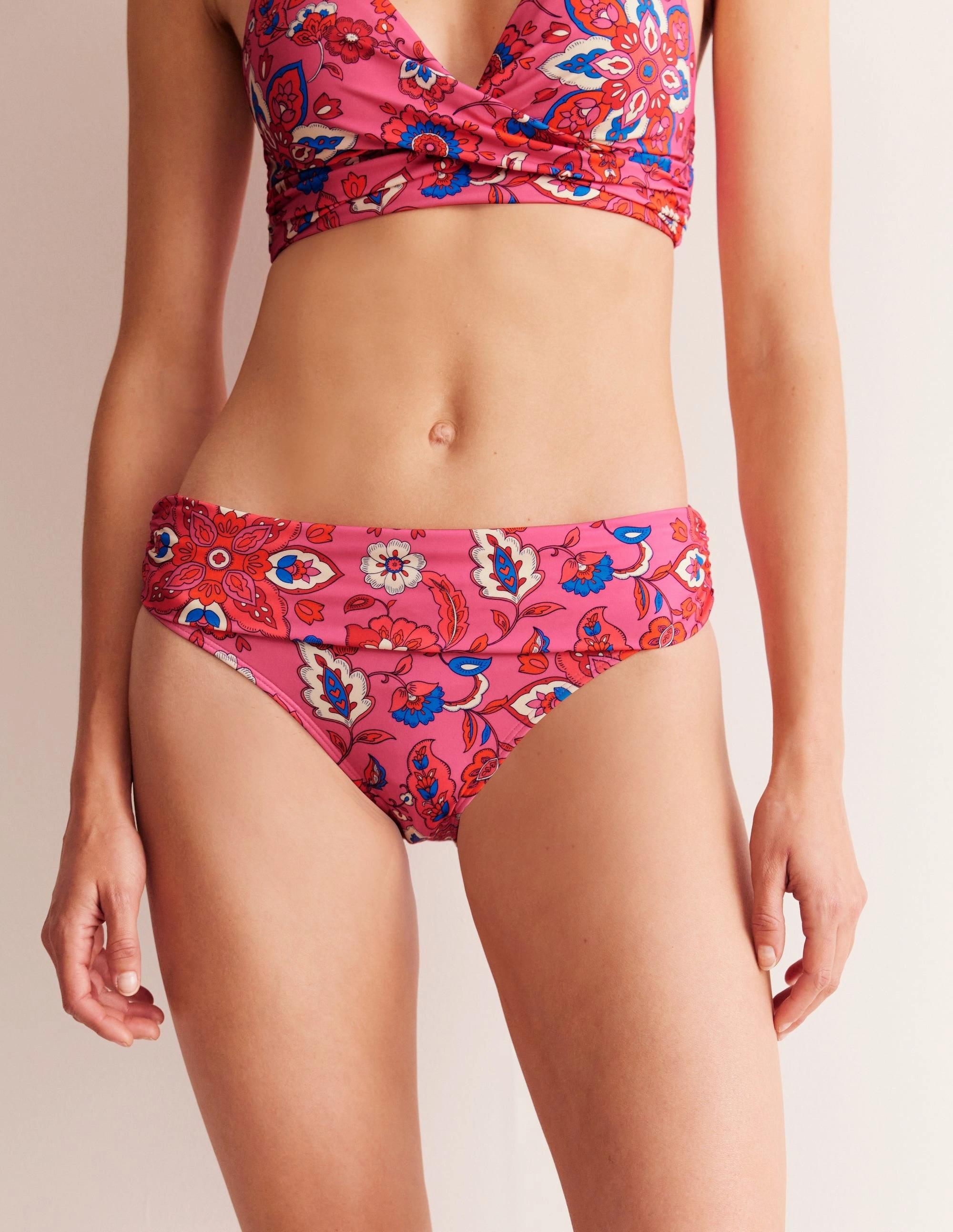Anti fade Tropical Wear Classic Fold Bikini Bottoms-Pink, Botanical Wave