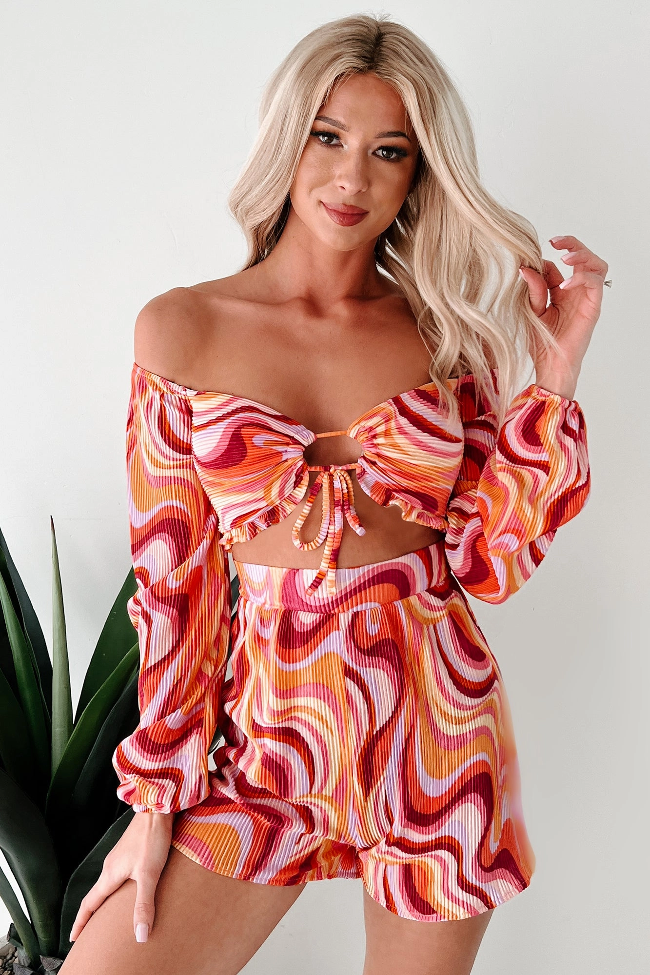 Draped Layer Dance The Night Away Pleated Long Sleeve Romper (Pink/Multi)