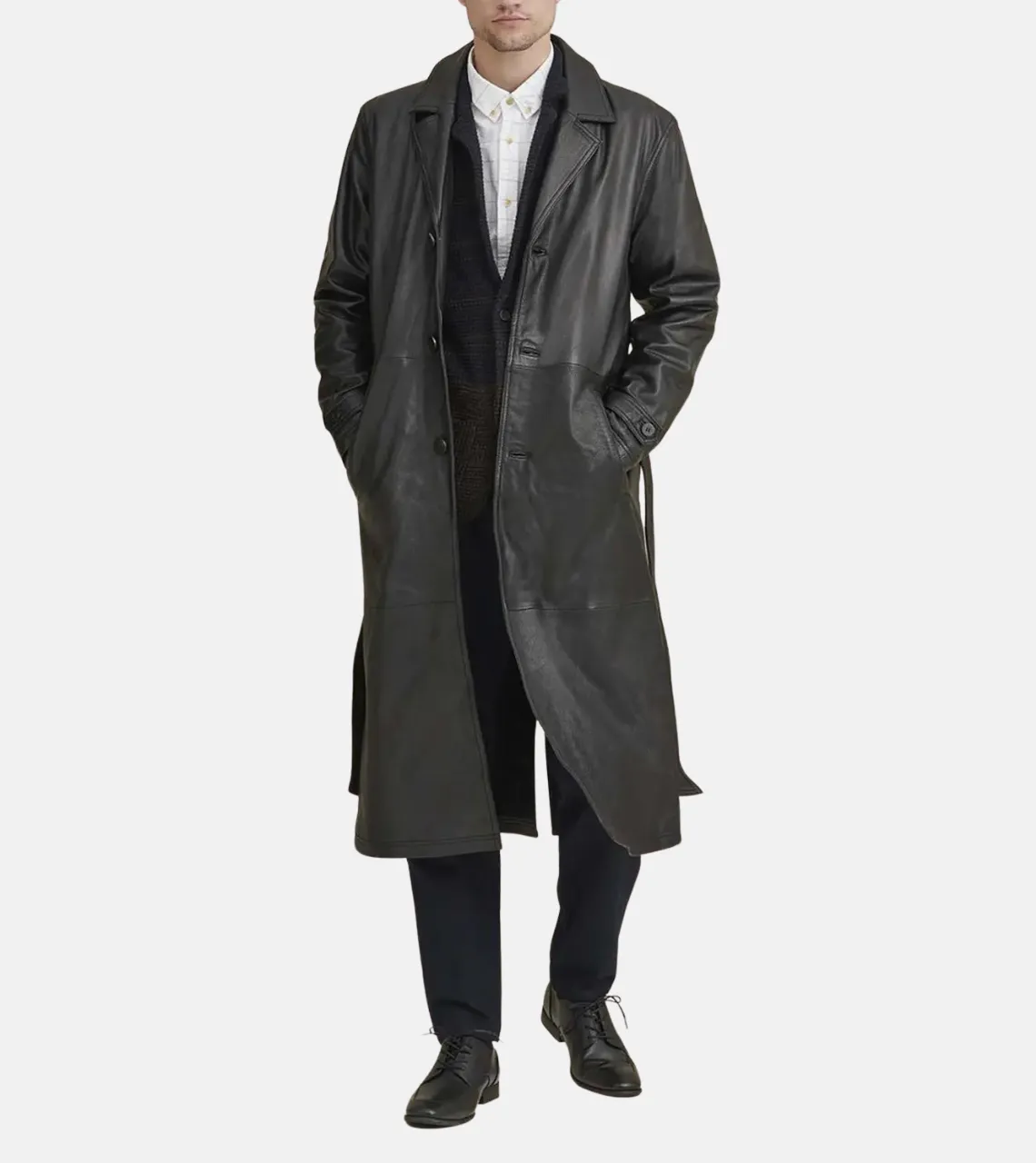 Classico Men's Black Leather Trench Coat