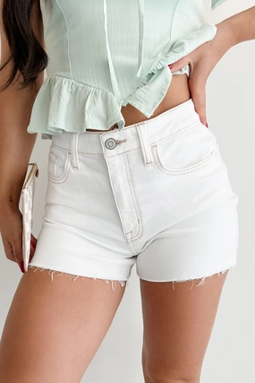 SeamlessPocketDesign Layer Ready Albus High Rise Cut Hem Denim Mini Shorts (White)