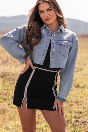 My Lucky Break Denim Crop Jacket (Blue) Adjustable Hemline