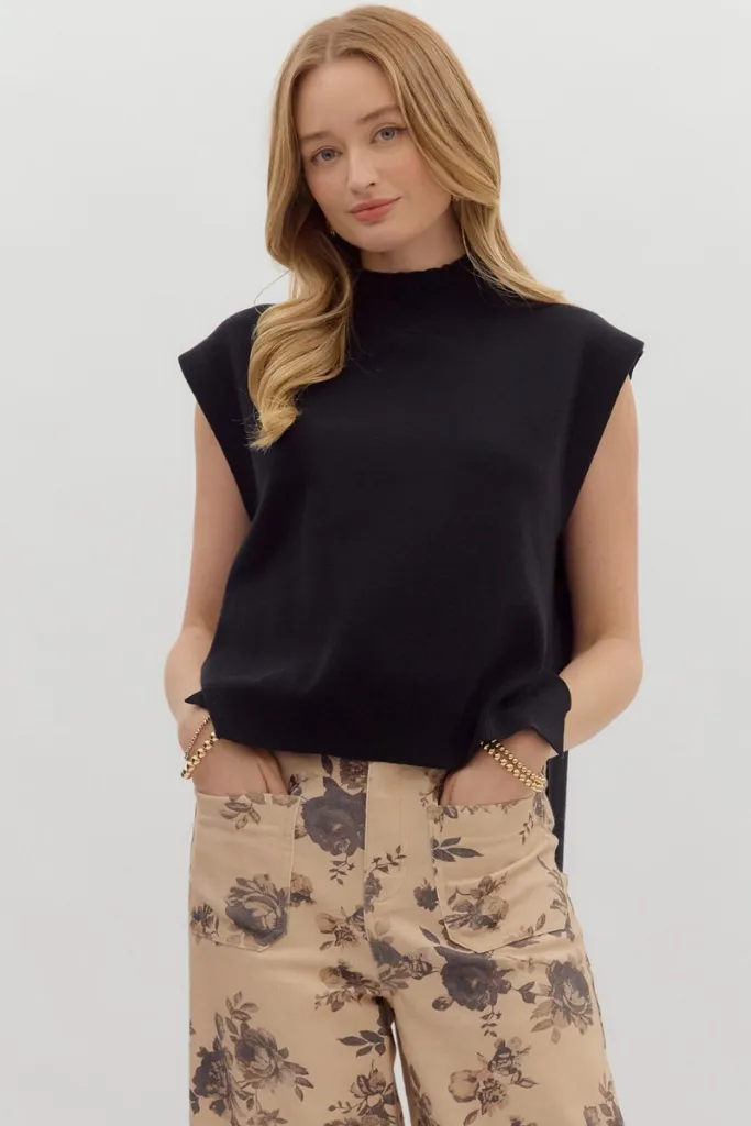 Cleo Sleeveless Mock Neck Sweater in Black Sporty Top