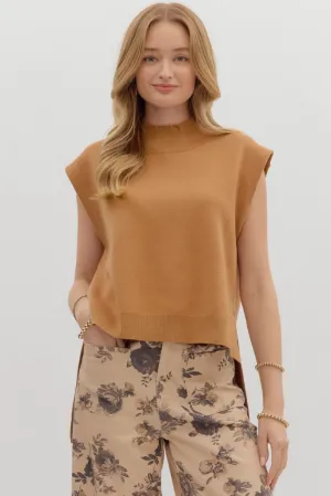 EcoFriendly Manufacturing Cleo Sleeveless Mock Neck Sweater in Camel