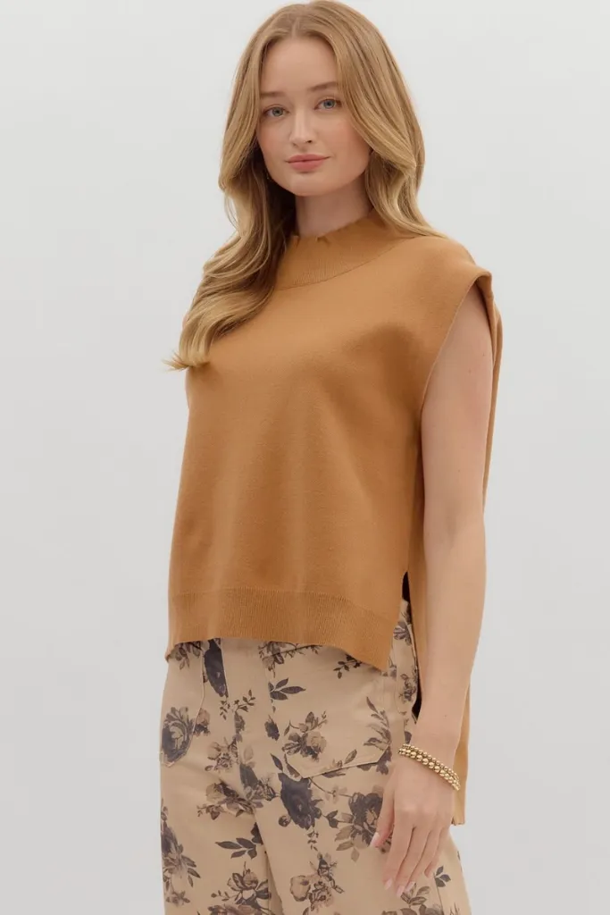 Minimalist Detailing Easy Wear Cleo Sleeveless Mock Neck Sweater in Camel