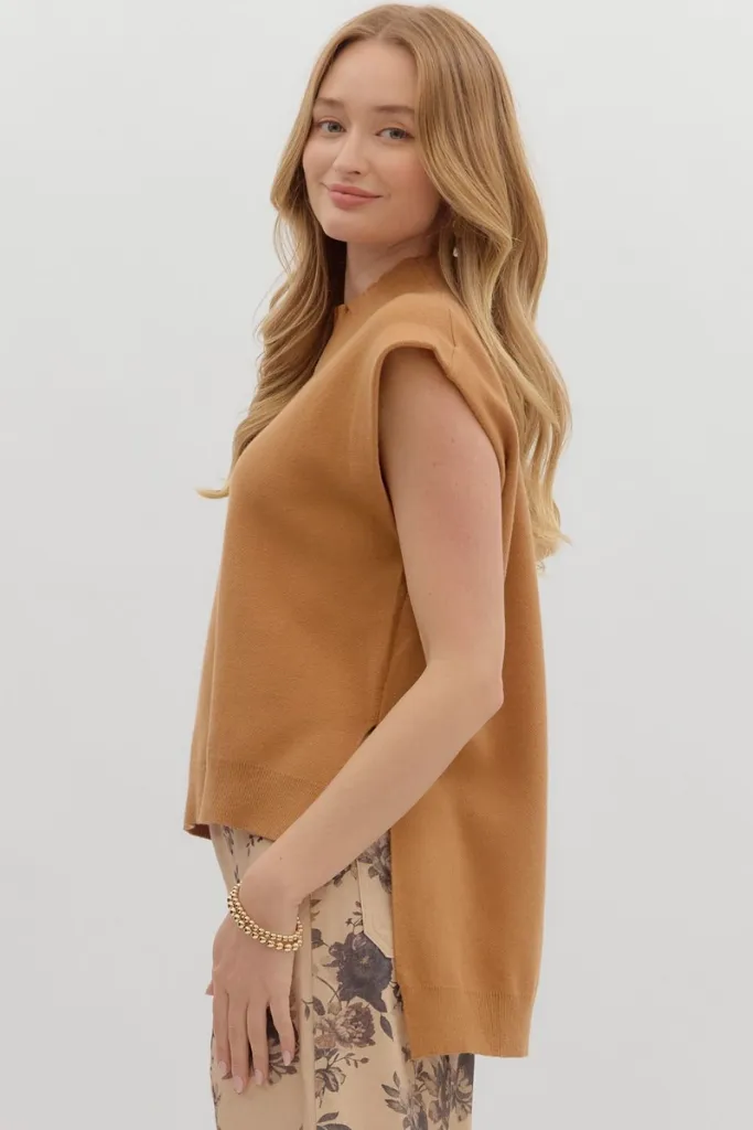 Odor Resistant Coating FlatlockSeams Cleo Sleeveless Mock Neck Sweater in Camel
