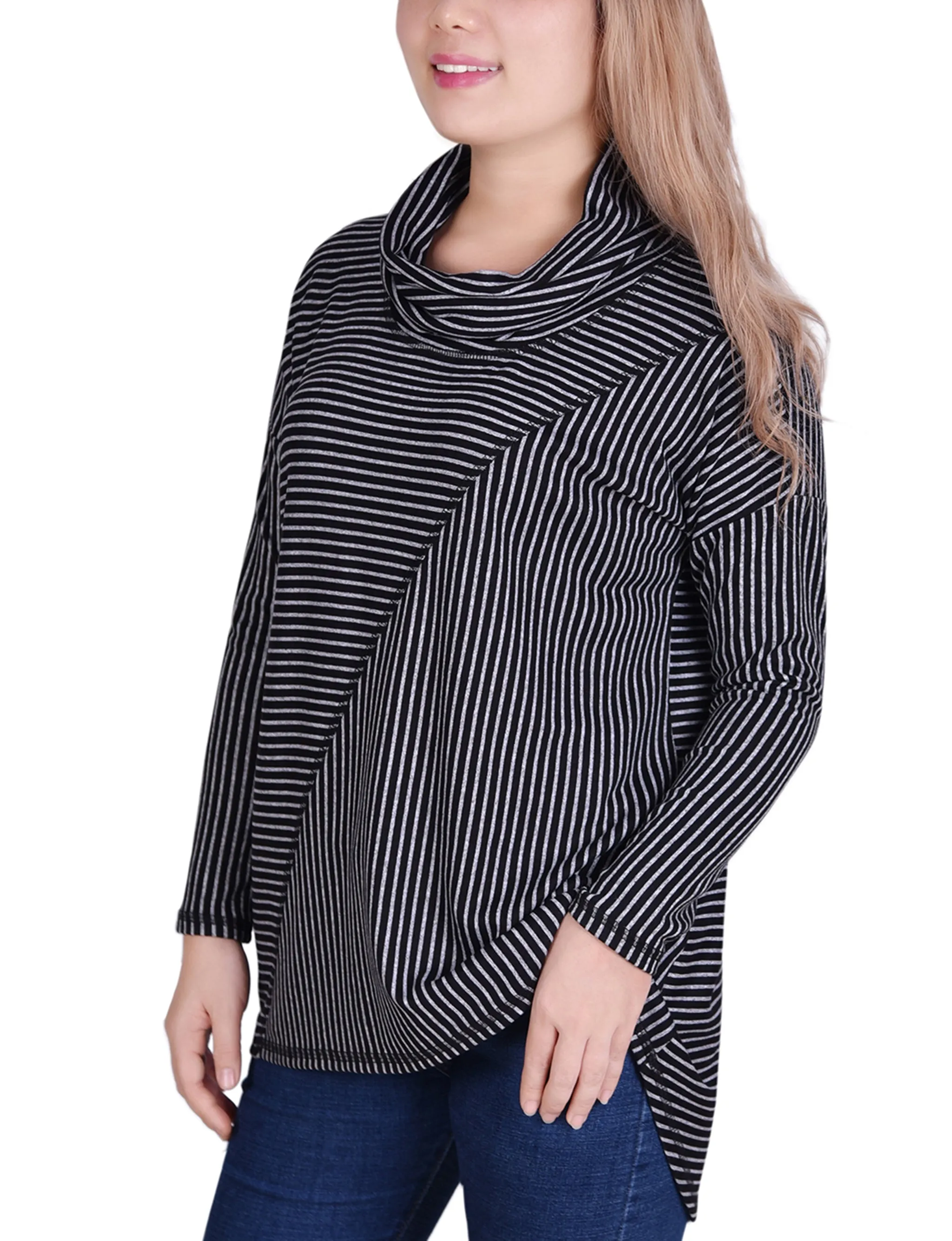 Long Sleeve Mini Striped Seamed Cowl Neck Top Cool Weather Soft Inner Lining