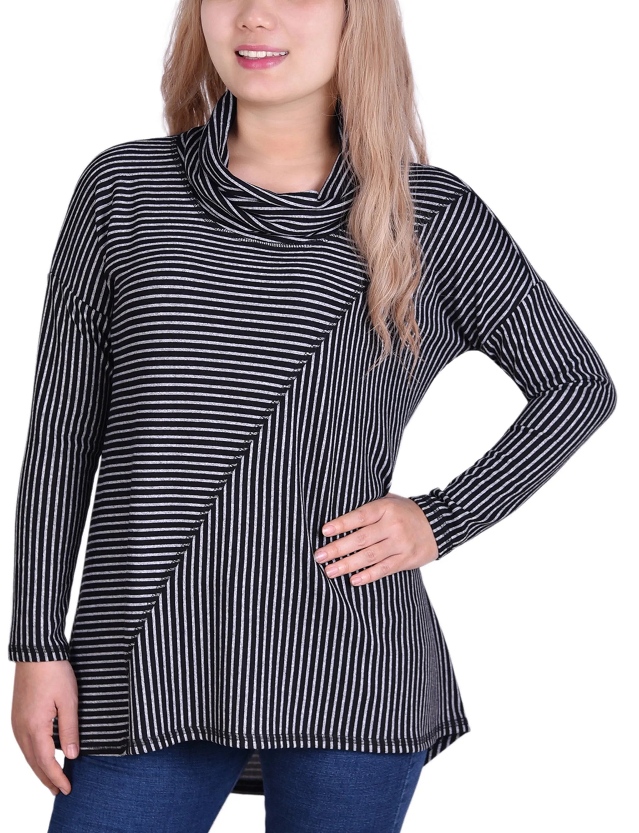 Long Sleeve Mini Striped Seamed Cowl Neck Top RollUpSleeves HypoallergenicFabric
