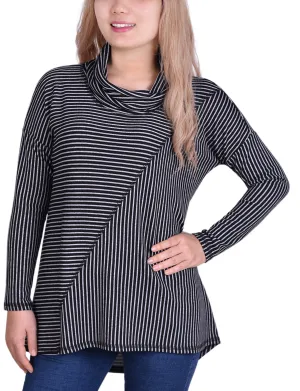 Reinforced Stress Points Long Sleeve Mini Striped Seamed Cowl Neck Top