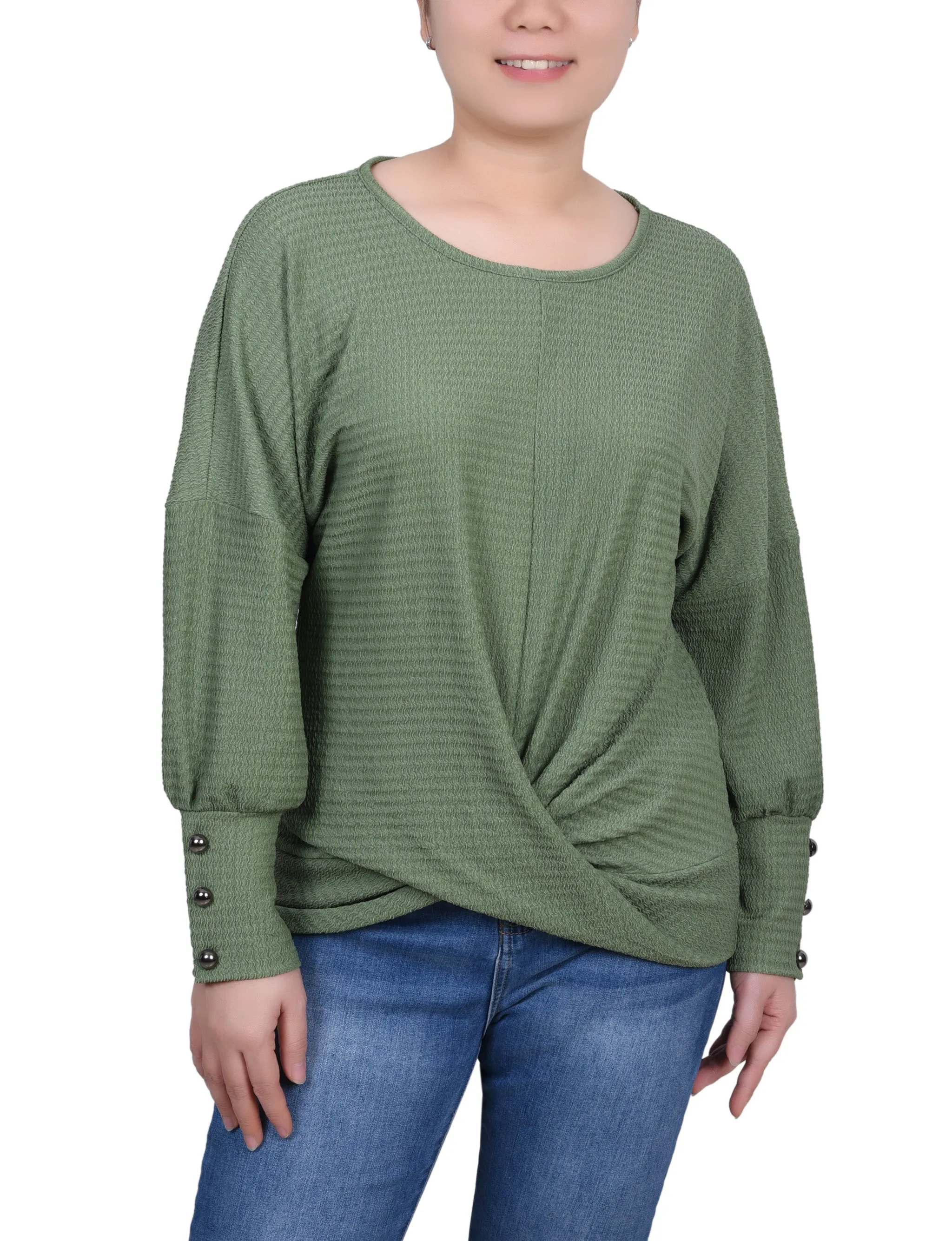 Petite Long Sleeve Textured Knit Top Reverseble Design
